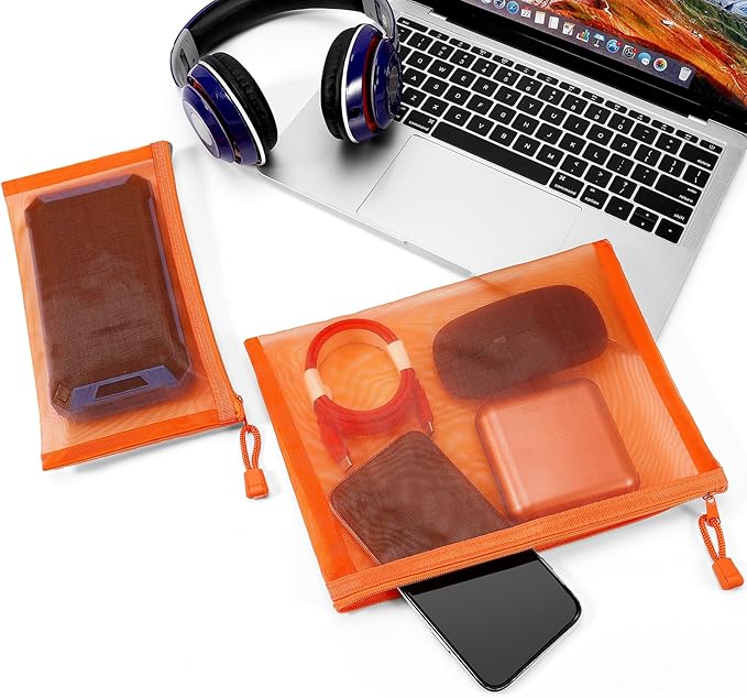 Sinzip 12 Pieces Zipper Nylon Mesh Pouch, Mesh Cosmetic Bags Makeup Bags Pencil Case, Multipurpose Travel Bags for Cosmetic School Office Supplies and Travel Accessories (Orange, A5)