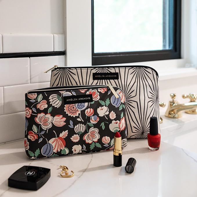 AMÉLIN ARCHIVE Large Canvas Zipper Pouch, Vintage Inspired Pencil Case for Adults, Travel Toiletry Bag, Pouch Bag for Supplies, Makeup or Toiletries (Composition)