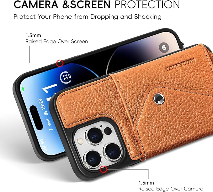 LUCKYCOIN Crossbody Phone Case for iPhone 14 Pro Max,100% Genuine Leather Phone Wallet Case for Women, Premium Hands-Free Phone Purse with Expandable Flip Card Holder & Adjustable Strap - Pebble Brown