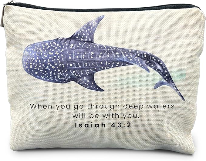 RYYCDOI Whale Shark Christian Makeup Bag Pouch, Christian Shark Gifts for Women, Bible Verse Gifts Isaiah 43:2, When you go through deep waters I will be with you
