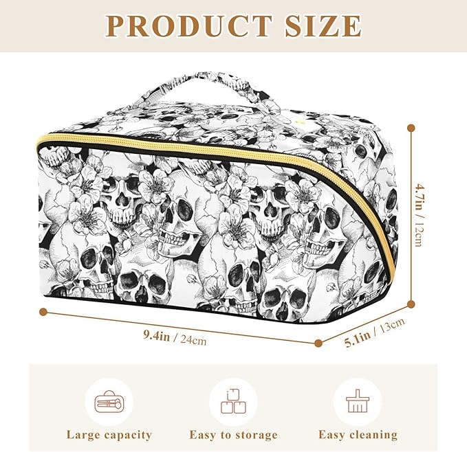 MNSRUU Makeup Organizer Bag, Skull and Flower Travel Makeup Bags Makeup Vanity Case Large Capacity Rhombus Cosmetic Toiletry Bag for Girl Women Ladies