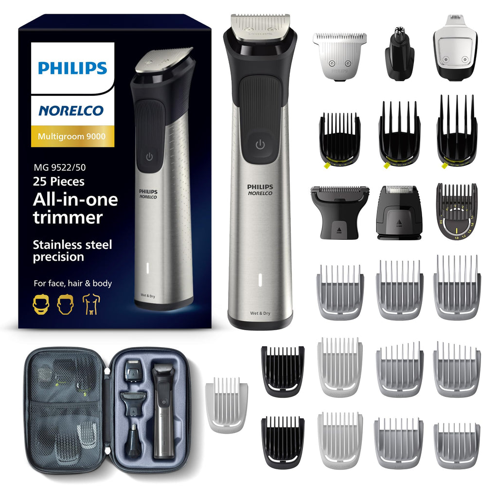 Norelco Philips Multigroom 9000 Series, All-in-One Trimmer, Beard Trimmer and Hair Clipper, 25-Piece/27-Length Men's Grooming Kit for Beard, Face, Nose, Ear and Body, Travel Kit, MG9522/50