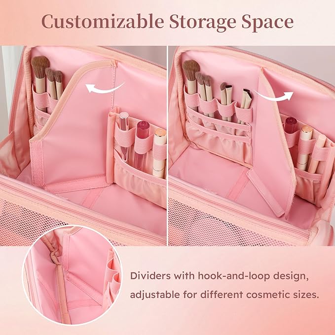 MOKURA Travel Makeup Bag for Women, Large Capacity Standing Make up Pouch, Quilted Waterproof Cosmetic Organizer with Jewelry Compartments, Portable Toiletry Case, Gifts for Women,Red
