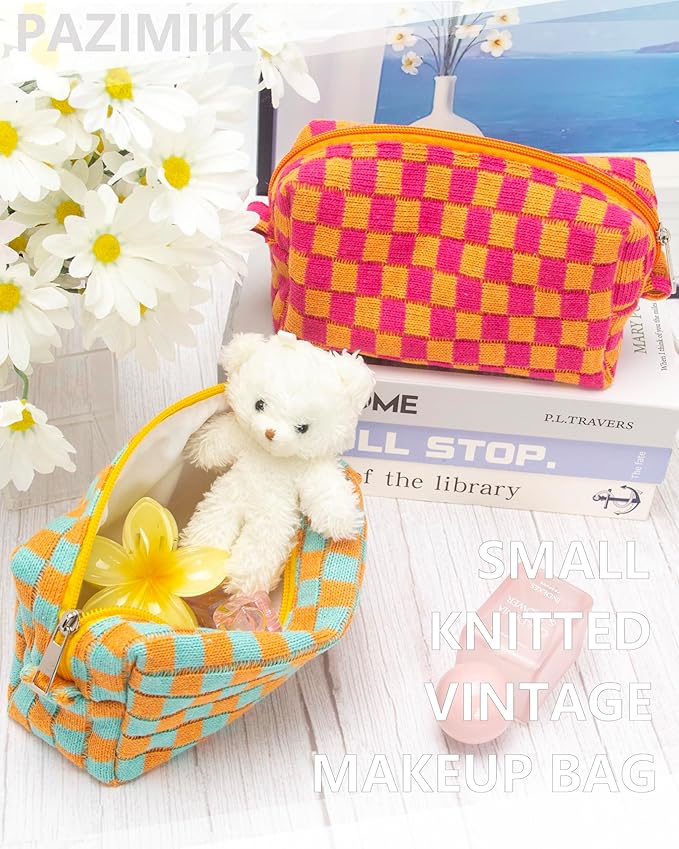 Checkered Makeup Bag for Purse, Small Travel Cosmetic Pouch,Orange Green