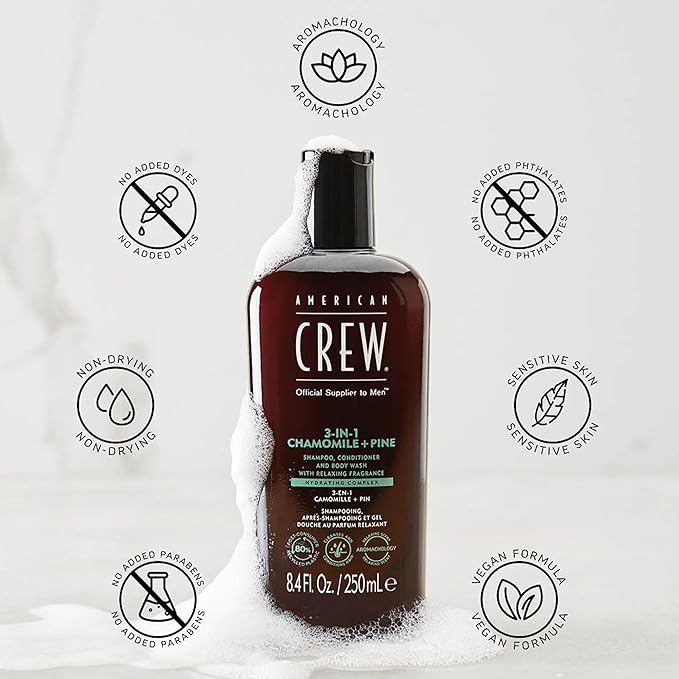 AMERICAN CREW 3-in-1 Chamomile & Pine, Shampoo, Conditioner & Body Wash for Men, Hair Care Gift for Him, Calming and Relaxing Fragrance, 33.8 fl oz