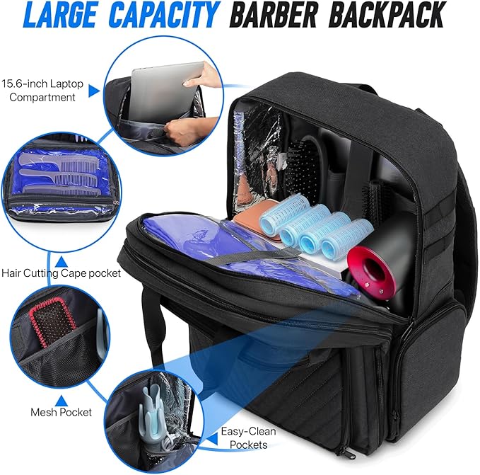 RUCYEN Barber Bag, Large Capacity Barber Case, Travel Hairdresser Organizer Supplies Bag, Hairstylist Backpack for Hair Cutting Tools