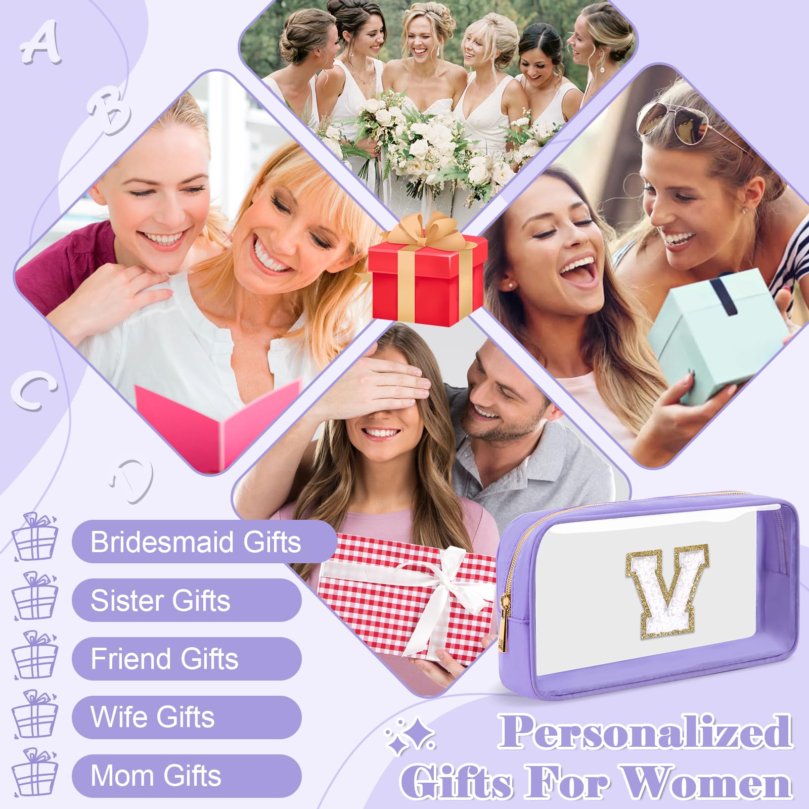 UIXIZQ Personalized Initial Letter Clear Makeup Bag,Preppy Small Nylon&PVC Cosmetic Zipper Bag with Chenille Letter,Travel Skincare Toiletry Bag,Monogram Christmas Gift for Teen Girls Women,V