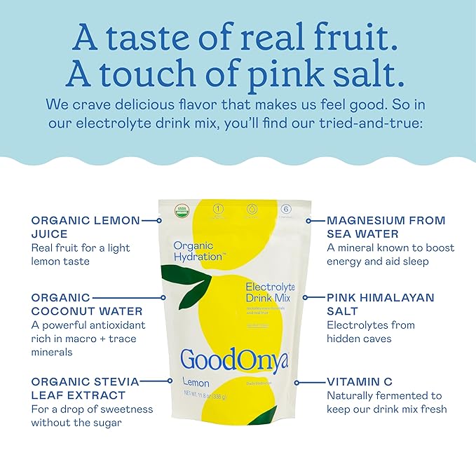 GoodOnya Organic Hydration Electrolyte Drink Mix, Certified Organic Hydration Powder, Non-GMO, Biochecked Glyphosate Free, Low Sugar, Lemonade Flavor, No Artificial Flavors, 42 Servings
