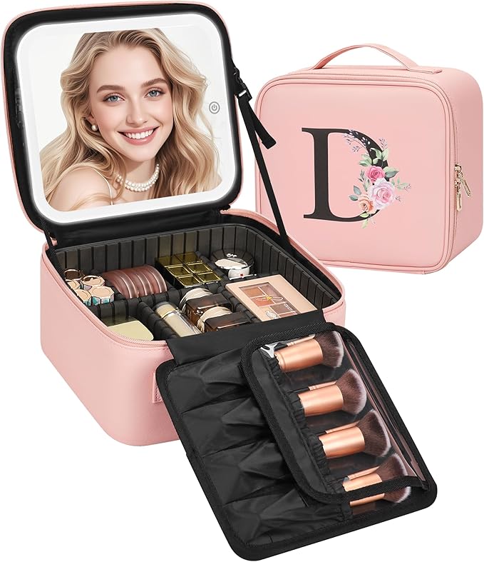 Relavel Initial Makeup Bag with LED Mirror for Women Girls, Personalized Travel Cosmetic Organizer Train Case, Birthday Gifts for Grandkids Bridesmaid Graduation Teacher Friends, Trendy Stuff, Pink D