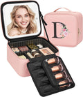 Relavel Initial Makeup Bag with LED Mirror for Women Girls, Personalized Travel Cosmetic Organizer Train Case, Birthday Gifts for Grandkids Bridesmaid Graduation Teacher Friends, Trendy Stuff, Pink D