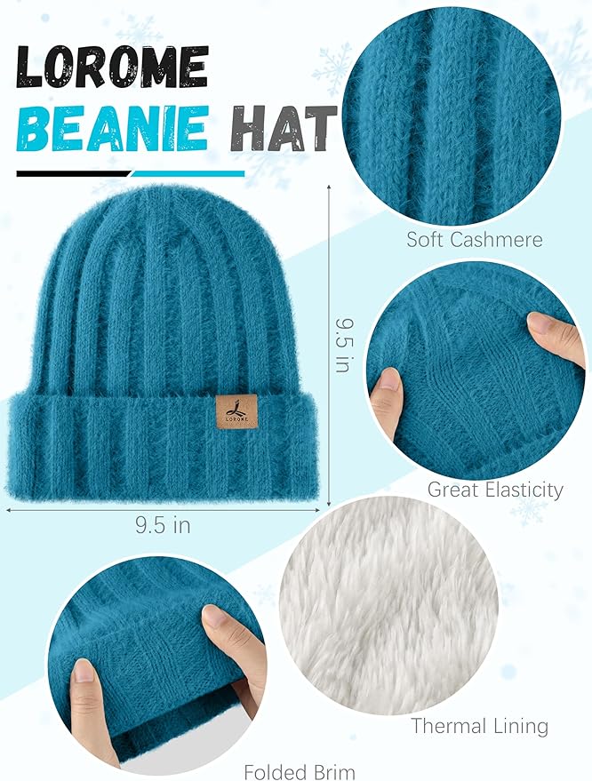 LOROME Winter Beanie Hat Gloves Scarf, Cashmere Hat Gloves Scarf Set Women