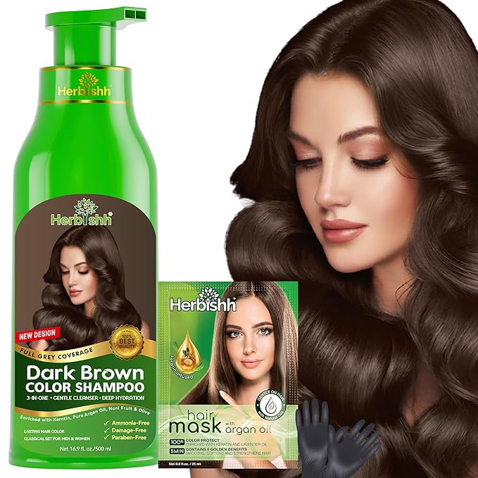 Herbishh Hair Color Shampoo for Gray Hair – Magic Hair Dye Shampoo – Colors Hair in Minutes–Long Lasting–500 Ml–3-In-1 Hair Color for Women & Men –Ammonia-Free (Dark Brown)