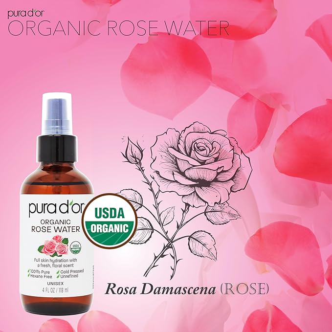 PURA D'OR 4 Oz ORGANIC Rose Water Toner - USDA Certified 100% Pure Full Skin Hydration, Control Excess Oils- Cleanses & Softens - Promotes Healthy Skin - For All Skin Types, Ayurvedic Skin Care