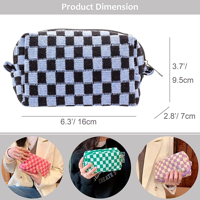Checkered Makeup Bag for Purse, Small Cosmetic Pouch,Green Blue,2 Pack