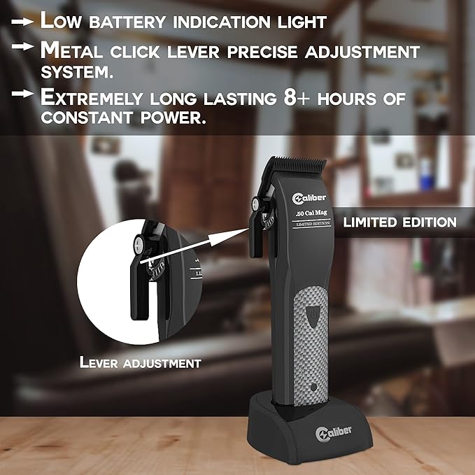 Caliber Pro -.50 Cal Limited Edition Clipper - Long Lasting 8+ Hours of Power - Ultra Low Noise Technology - Rechargeable Powerful Battery - Easy Zero Gap Cut - Hair Grooming Tool for Men (Black)