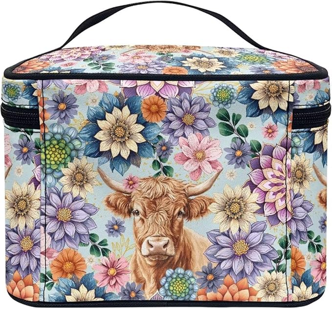 Drydeepin Boho Mandala Highland Cattle Pattern Travel Makeup Bags for Women Portable Tote Cosmetic Case with Carry Handle Toiletry Accessories Storage Organizer Bags
