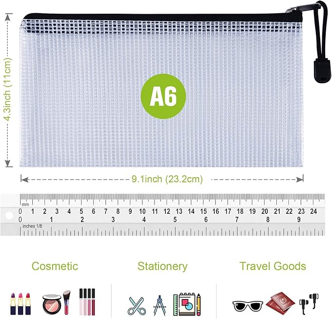 12PCS Mesh Zipper Pouch Bags: A6 Clear Zipper Pouches for Classroom, Black