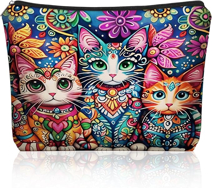 Girlly Bohemian Cat Mom Makeup Bag For Women & Teen Girl Cat Lover Gifts. Cute Boho Cats Themed Cosmetic & Toiletry Organizer Pouch For Daughters, Sisters, Friends.Ideal Gift For Travel, Christmas.