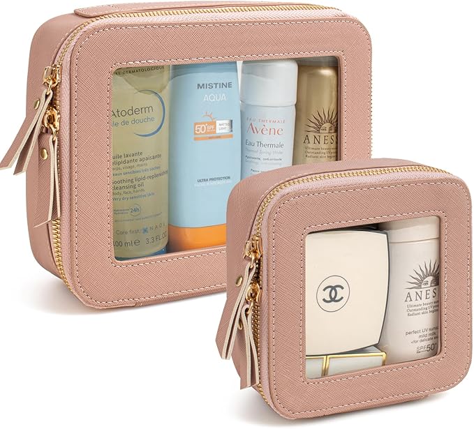 KOTORA Sunscreen Bag Clear Makeup Set,Portable Travel Toiletry Pouch Beach Vacation Essentials for Women, Vegan Leather Cosmetic Pouch Car Essentials Pink Car Accessories for Girls (Nude Pink) T