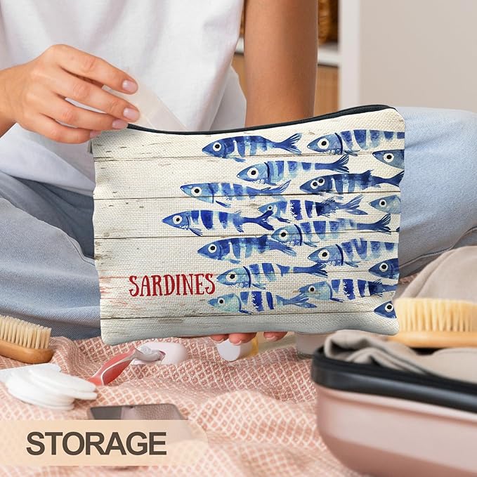 RYYCDOI Vintage Sardine Fish Makeup Bag, Ocean Beach Lovers Gifts Cosmetic Bags for Women, Gifts for Fishing Lovers, Retro Nautical Beach Zipper Makeup Pouch