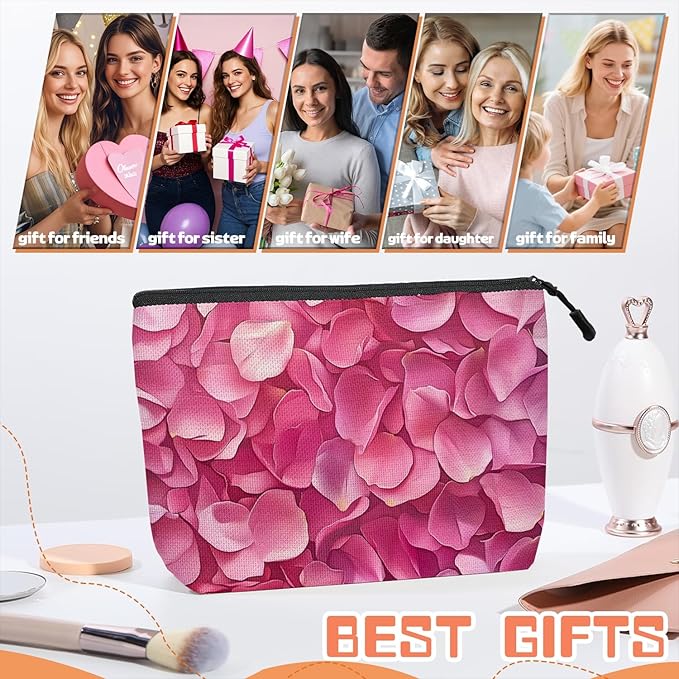 Scribesense Cosmetic Bags Travel Makeup Toilet Case Waterproof Pouch for Women Girls 6.7X9.45inches - Pink Petals in A Layered Composition