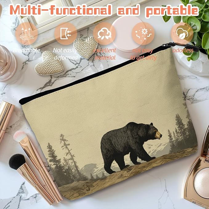 Scribesense Cosmetic Bags Travel Makeup Toilet Case Waterproof Pouch for Women Girls 6.7X9.45inches - Black Bear Walking in A Mountainous Forest Landscape