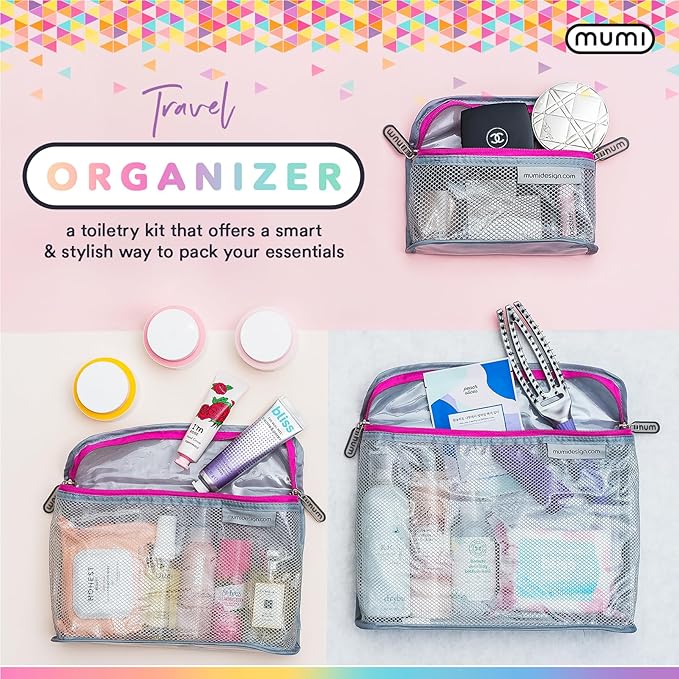 MUMI Travel Toiletry Bag Set of 3 – Clear TSA Approved Toiletry Bags for Women – Reusable Water-Resistant Makeup Organizer Pouches for Skincare, Cosmetics, Travel Accessories, Airport Packing - Gray