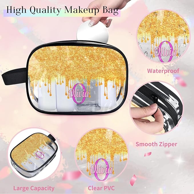KFNHN Personalized Clear Makeup Bag with Name, Best Friends Teen Women Mom Birthday Gift PVC Cosmetic Toiletry Travel Bag for Toiletries, Gold Color Bling Glittering