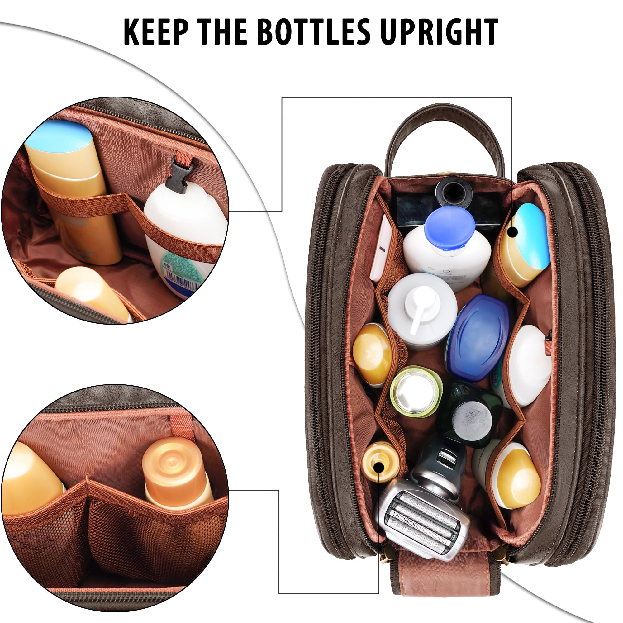 COOSKY Travel Toiletry Bag for Men, Large Hanging Toiletries Organizer Bags for Women, Cruise Ship Essentials, Water-resistant Shaving Case, PU Leather Makeup Accessories Cosmetic Dopp Kit, Dark Brown