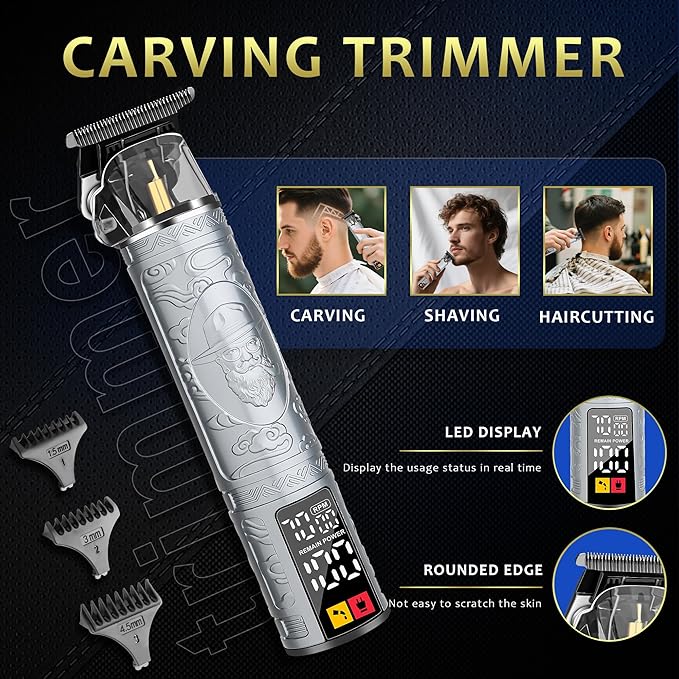 LQT Professional Hair Clippers for Men, Cordless T-Blade Beard Trimmer Kit, LED Display,Long Battery Life, Rechargeable Electric Hair Cutting Machine for Home & Barber, Best Gift for Holidays (Silver)
