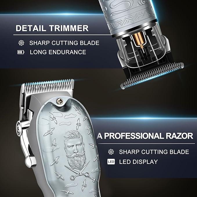 LQT Professional Hair Clippers for Men, Cordless T-Blade Beard Trimmer Kit, LED Display,Long Battery Life, Rechargeable Electric Hair Cutting Machine for Home & Barber, Best Gift for Holidays (Silver)