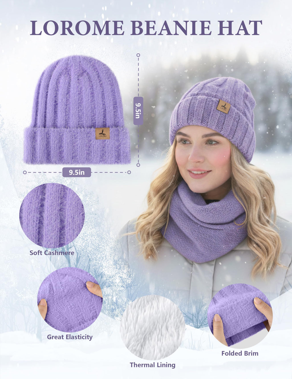 LOROME Winter Beanie Hat Gloves Scarf, Cashmere Hat Gloves Scarf Set Women