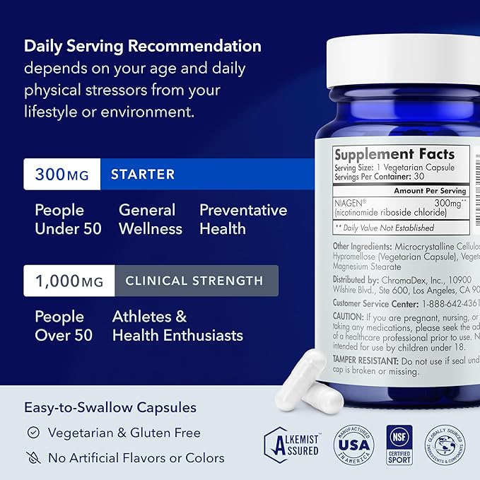 TRU NIAGEN Patented NAD+ Supplement, 300mg Niagen, 30 Servings | Nicotinamide Riboside (NR) Take 1 Daily | 1 Bottle