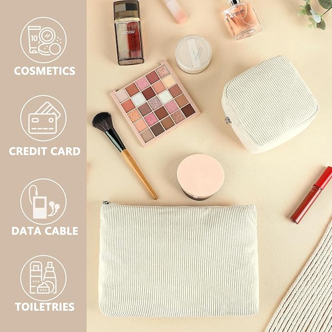 Fammart Corduroy Makeup Bag, Travel Cosmetic Bag Organizer Toiletry Bag Make Up Bags with Zipper & Compartments for Women Girls