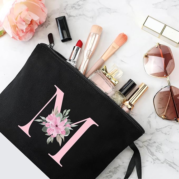 Vavabox A-Z Personalized Makeup Bag, Birthday Gifts for Women Mom, Gifts for Best Friend, Bride Bridesmaid Cosmetic bag (M, 02-Black)