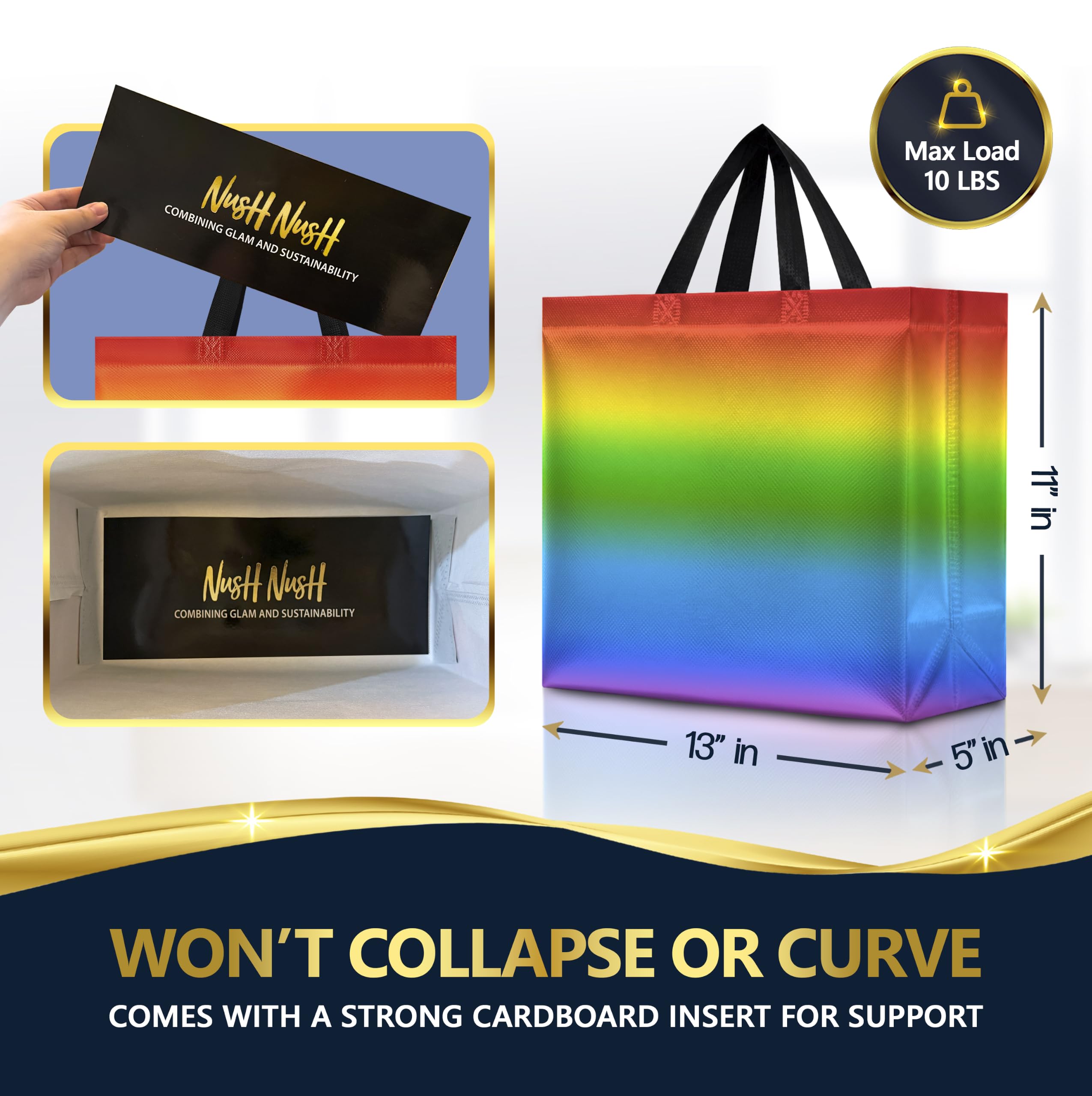 Nush Nush Large Rainbow Gift Bags with Handles, 13 x 5 x 11, Set of 12