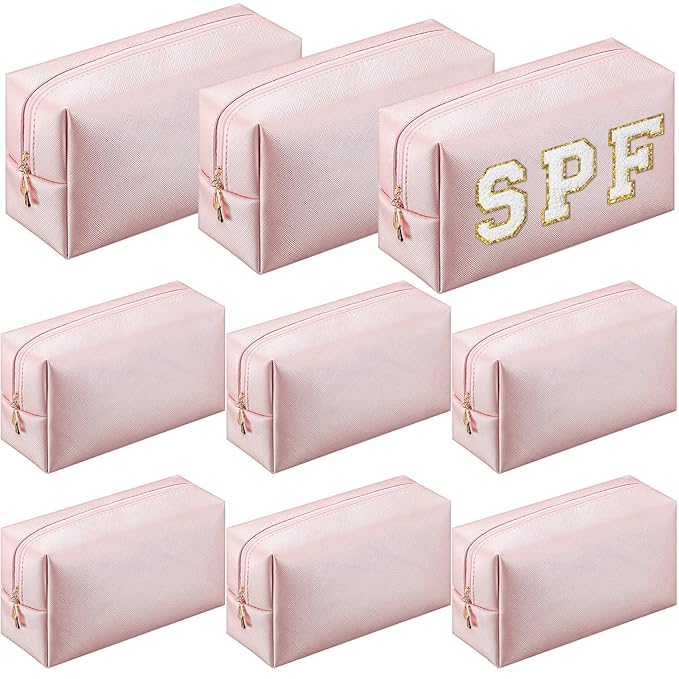 Sanwuta 9 Pcs Makeup Bags Bulk Bridesmaid Proposal Gifts Cosmetic Bags Preppy PU Leather Double Zipper Toiletry Pouch Portable Travel Organizer Case for Women Bachelorette Gift(Rose Gold)