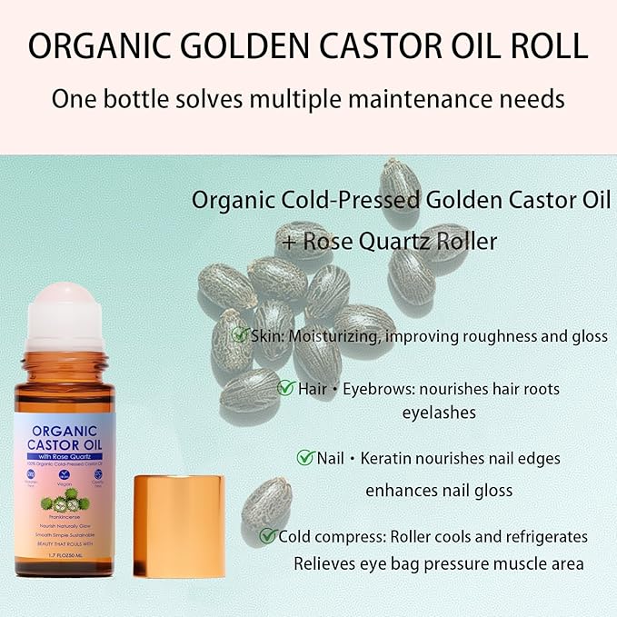 SDXJIOGE Organic Castor Oil Rose Quartz Roller Ball – 100% Cold Pressed Hexane Free Castor Oil Roll On for Facial Skin Care, Fine Lines, Wrinkles & Under Eye Puffiness (1.7 Fl Oz)