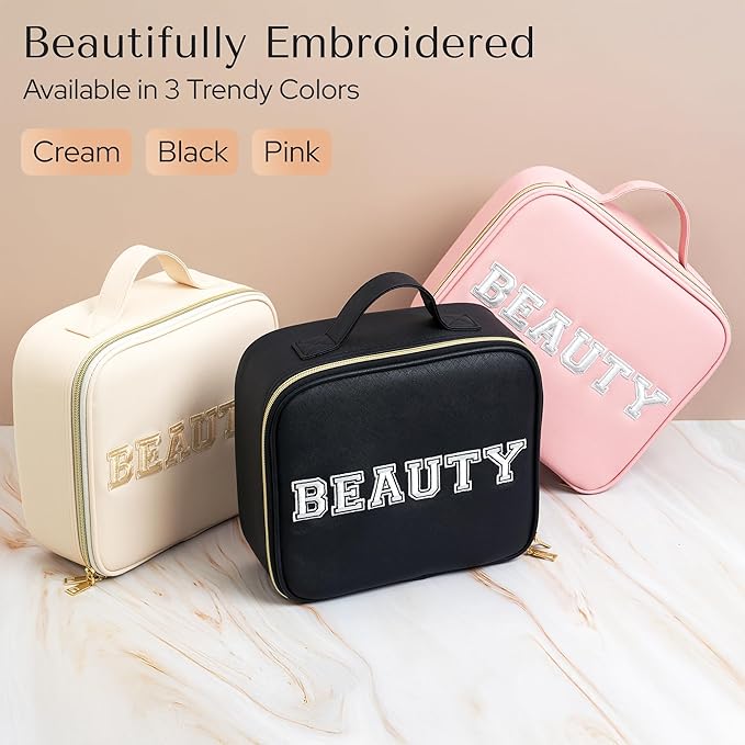 Aura In Bloom Makeup Bag with LED Mirror – Travel Cosmetic Organizer with Lighted Mirror, Adjustable Dividers & Brush Holder Storage – Portable PU Leather Makeup Case for Women & Girls - Black
