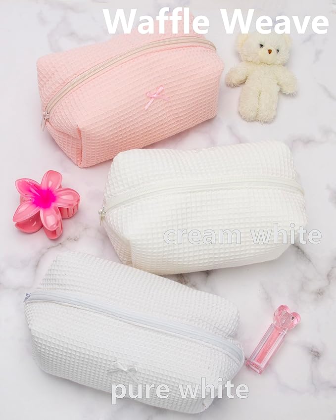 PAZIMIIK Cozy Makeup Bag for Women,Zipper Cosmetic Pouch,Waffle Cream White