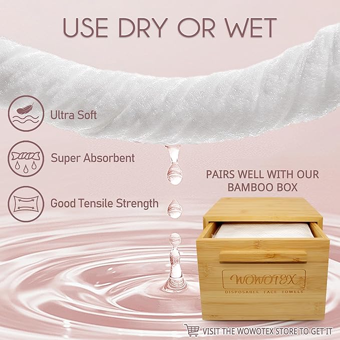 WOWOTEX 100% Cotton Disposable Face Towel 200 Count 10x12 Inch | Biodegradable Thick Soft One Time Use Dry Wipes for Sensitive Skin, Facial Cleaning, Makeup Removal