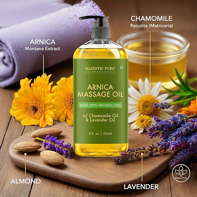 Majestic Pure Arnica Massage Oil, Relaxing Body Oil, 8 Fl Oz