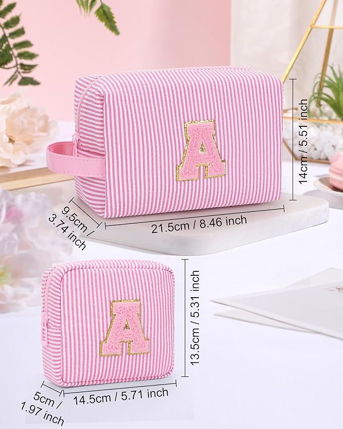 Initial Makeup Bag Cosmetic Bag Bridal Shower Gifts - Bridesmaid Bag,Bridesmaid Proposal Gifts for Wedding Day,Maid Matron of Honor Gift, Bride to be Gifts,Bachelorette Party Favors,2PCS,Pink T