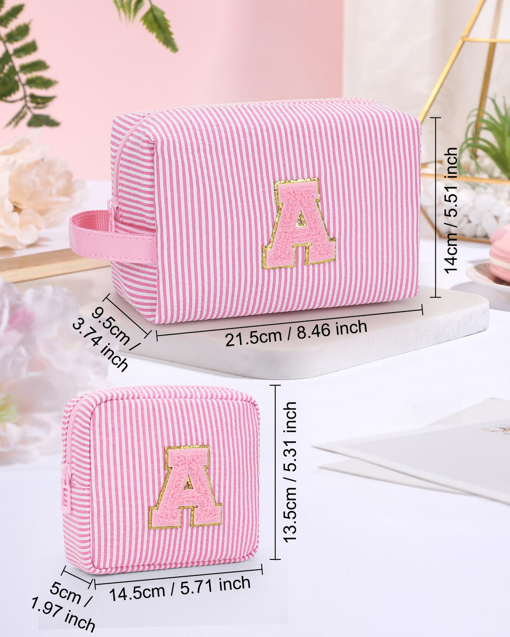 MONSTINA Easter Basket Gifts for Teens,Initial Makeup Bag,Monogram Pouch Personalized Cosmetic Bag for Girls&Women,Cute Letter Make Up Bag, Pink A