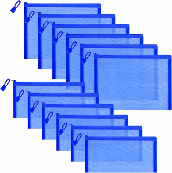 Sinzip 12 Pieces Zipper Nylon Mesh Pouch, Mesh Cosmetic Bags Makeup Bags Pencil Case, Multipurpose Travel Bags for Cosmetic School Office Supplies and Travel Accessories (Blue, A5+B6)