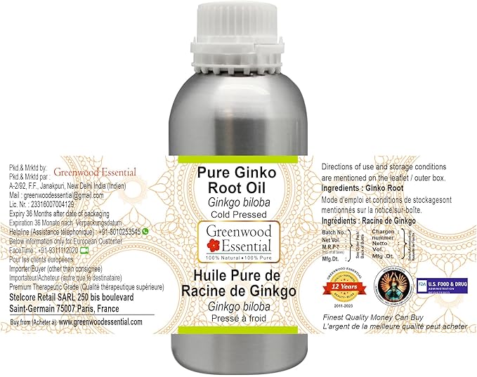 Greenwood Essential Pure Ginko Root Oil (Ginkgo biloba) Cold Pressed 630ml (21 oz)