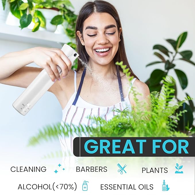 Hula Home Spray Bottle for Hair (10.1oz/300ml) - Continuous Ultra Fine Mist Sprayer – For Hairstyling, Cleaning, Salons, Plants, Essential Oil - All White
