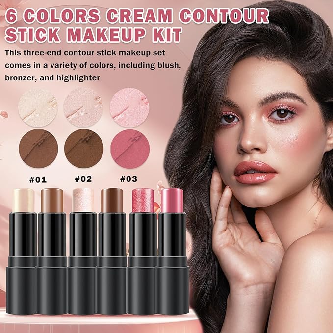 CAHIUYOA 6 Colors Cream Contour Stick Makeup Kit,Makeup Contour Kit (Set A)