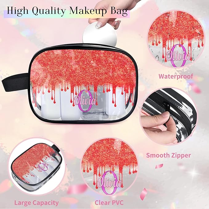 KFNHN Custom Travel Clear Cosmetic Bag with Name, Personalized Large Capacity Weekend PVC Transparent Toiletry Bag Portable Bathroom Makeup Organizer, Red Curtain Glittering