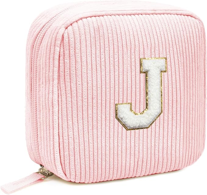 Preppy Personalized Chenille Letter Makeup Bag - Pink, Corduroy, Zipper Pouch for Women & Men (Letter J)